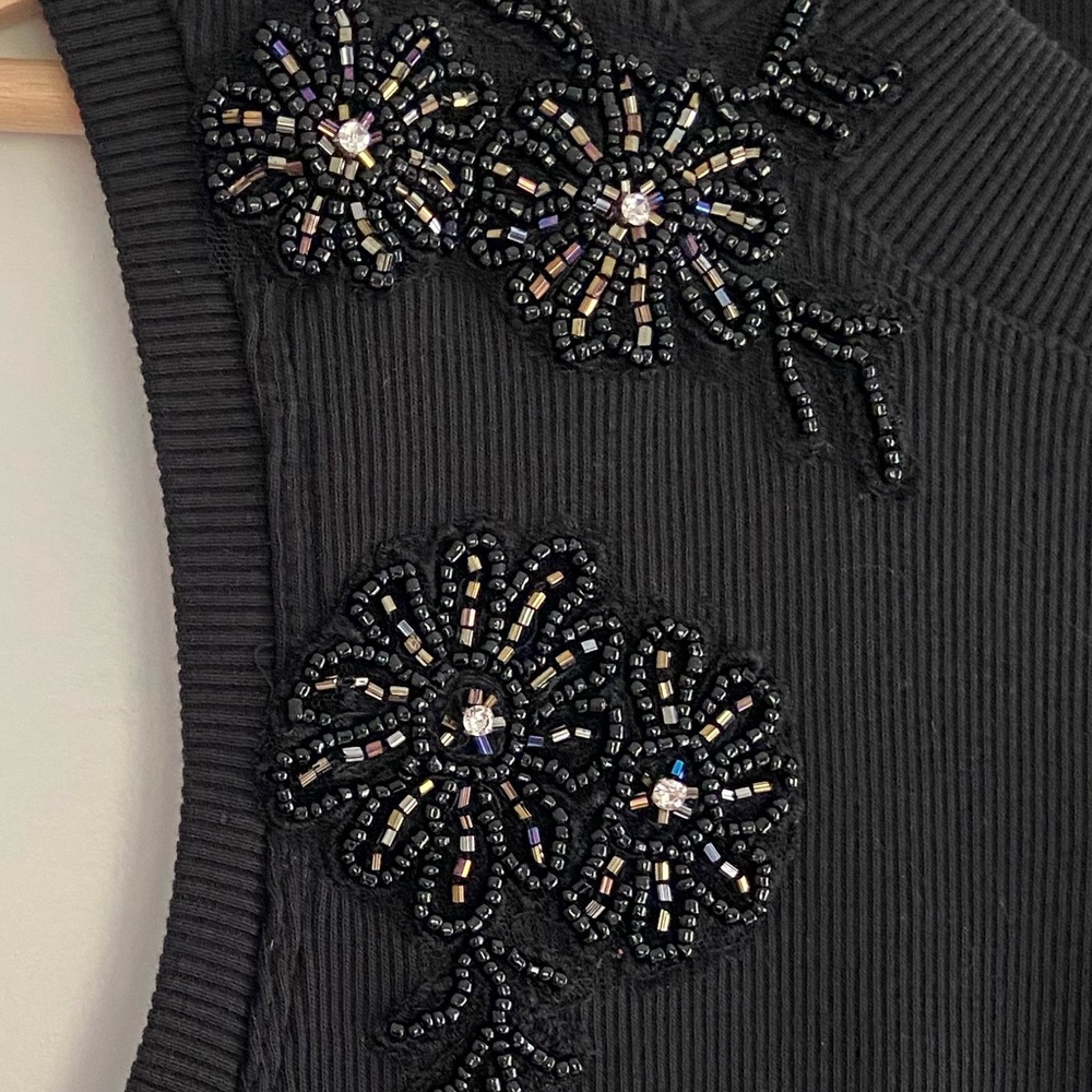 Anthropologie Black Beaded Applique Tank Top Sleeveless Ribbed Cotton Knit Sz 2X - Picture 8 of 16